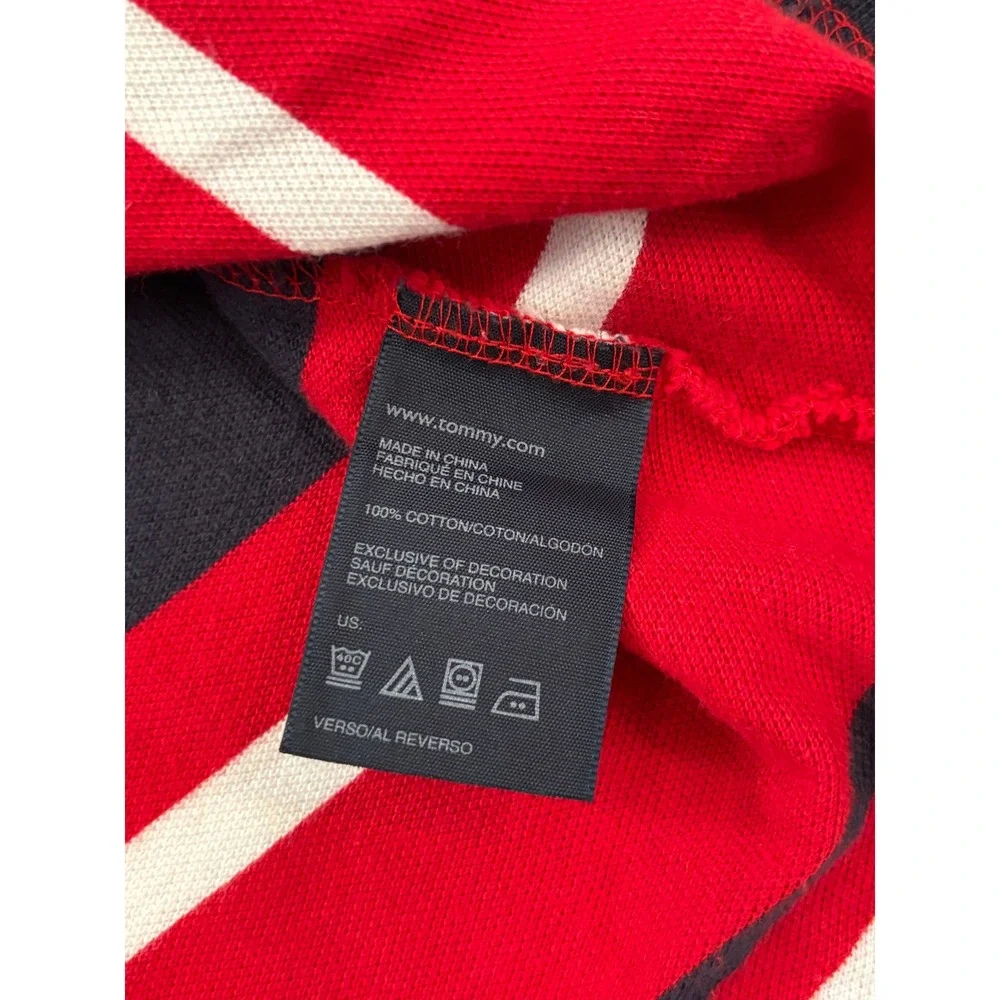 Tommy Hilfiger Boys Red White Navy Striped Long Sleeve Polo Shirt Size L 16/18